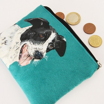Porte monnaie peint main suédine turquoise chien la kitsch lorraine