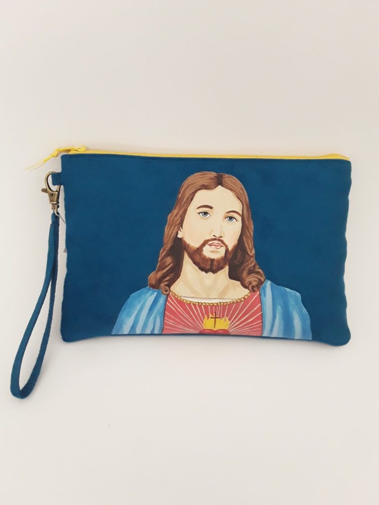 Pochette peint main suédine bleue Jésus la kitsch lorraine