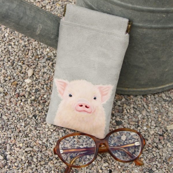 Etui à lunettes peint main suédine grise Lulu le cochon kitsch lorraine 2