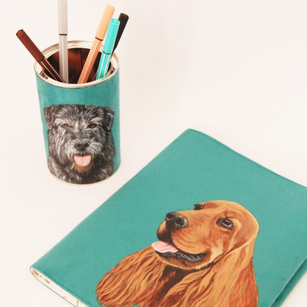 Pot crayons peint main suédine turquoise chien Kitsch lorraine 1