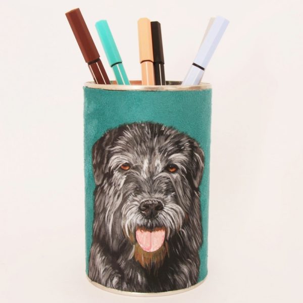 Pot crayons personnalisé peint main suédine turquoise chien Kitsch lorraine 3