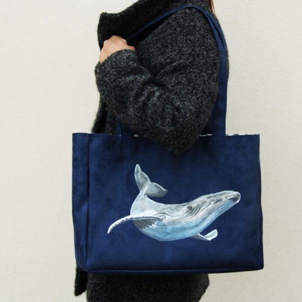 Sac cabas peint main suédine marine baleine kitsch lorraine