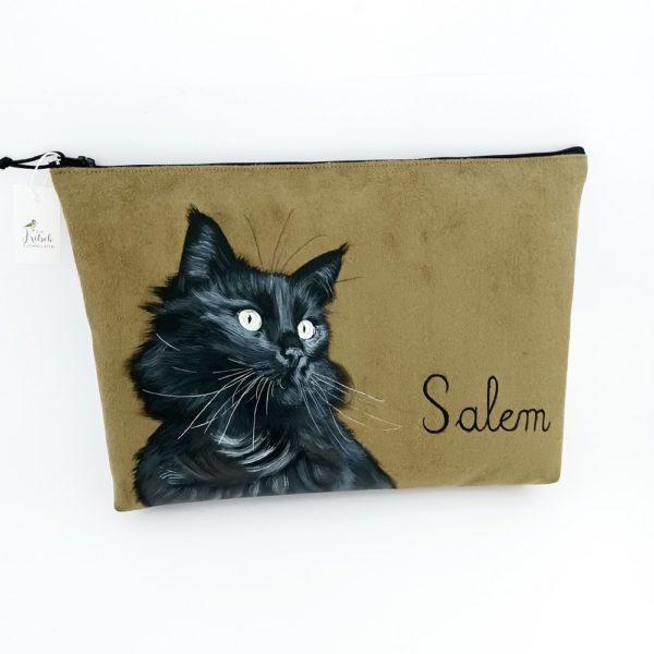 Pochette à livre peint main suédine kaki chat noir kitsch lorraine 9 (2)