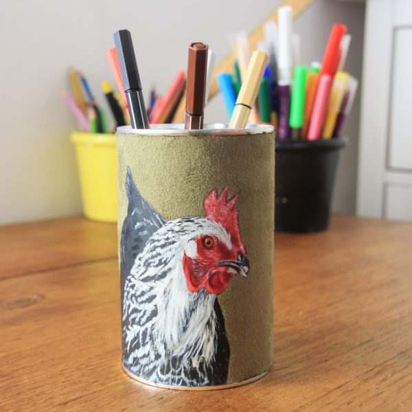 Pot à crayons peint main suédine kaki Babette la poule kitsch lorraine 4 (3)