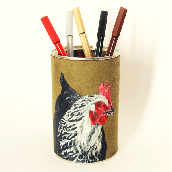 Pot à crayons peint main suédine kaki Babette la poule kitsch lorraine 4
