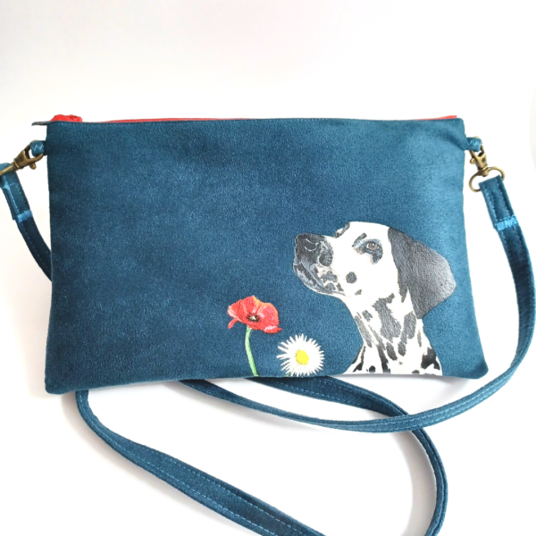 sac à main suédine bleu peint main dalmatien kitsch lorraine 1