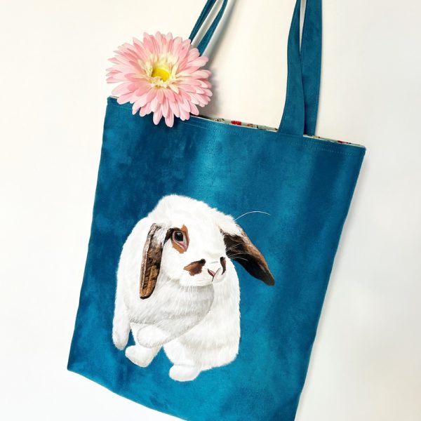 Tote bag personnalisé peint main suédine bleu lapin kitsch lorraine 4