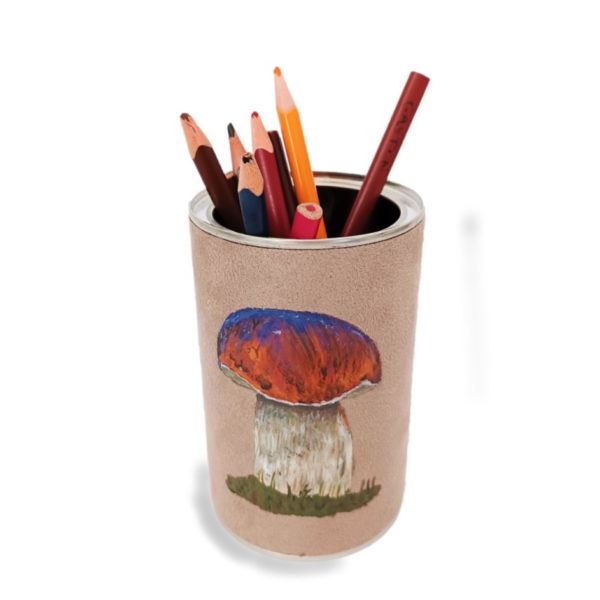 Pot Crayons-Peint main-suedine taupe-monsieur Cèpe-kitsch lorraine (1)