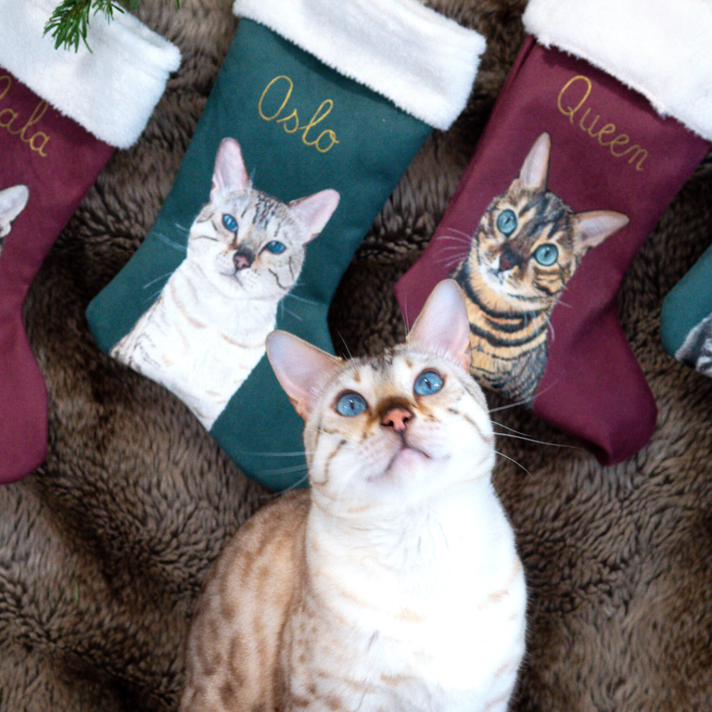 chausette Noël suédine peinte main chat kitsch lorraine
